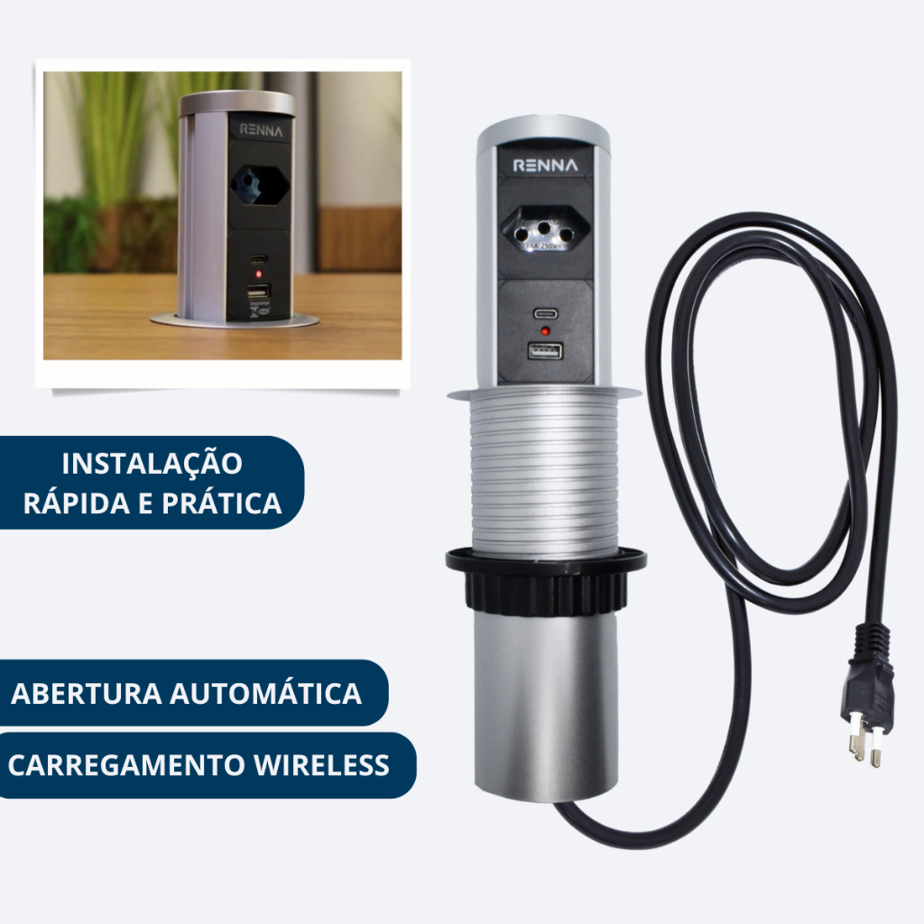 Torre de Tomadas Automática Embutir Bancada Carregamento Indução Retrátil Mesa Escritório USB