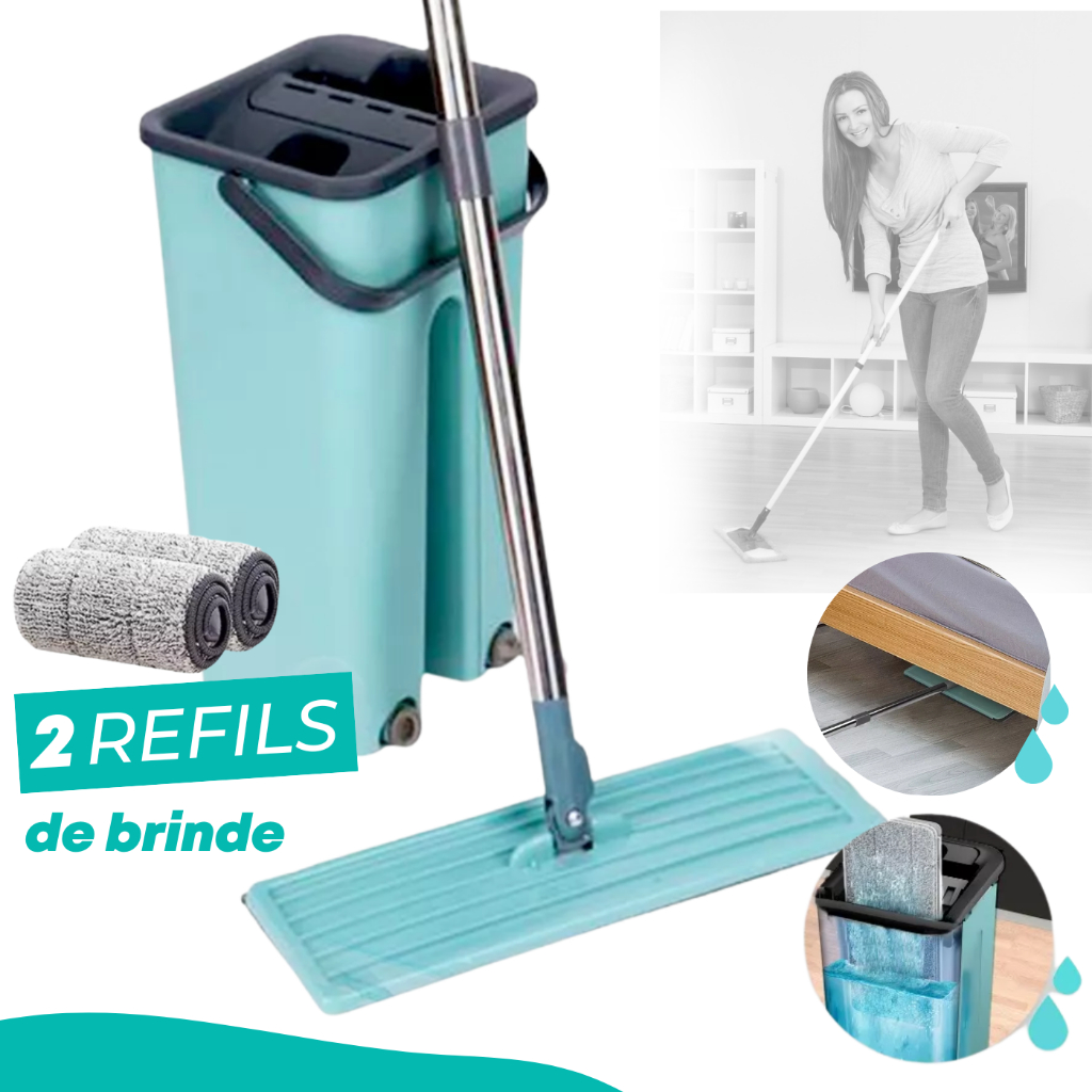 Flat Mop 2 Refis Esfregão Com Balde Rodo Mágico Lava Seca Tira Pó