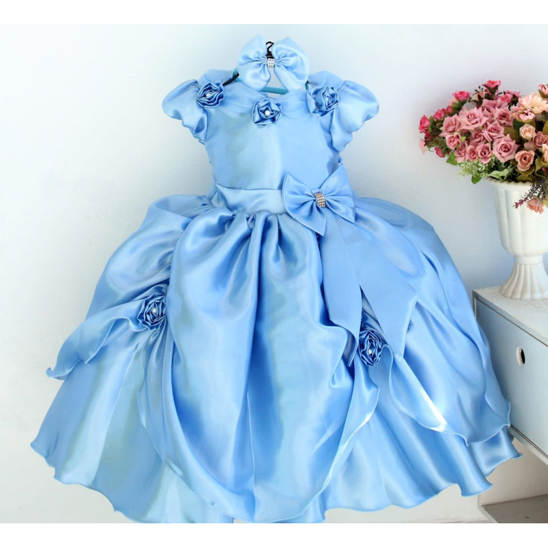 Fantasia Cinderela Borboletas Vestido Princesa Azul Luxuoso