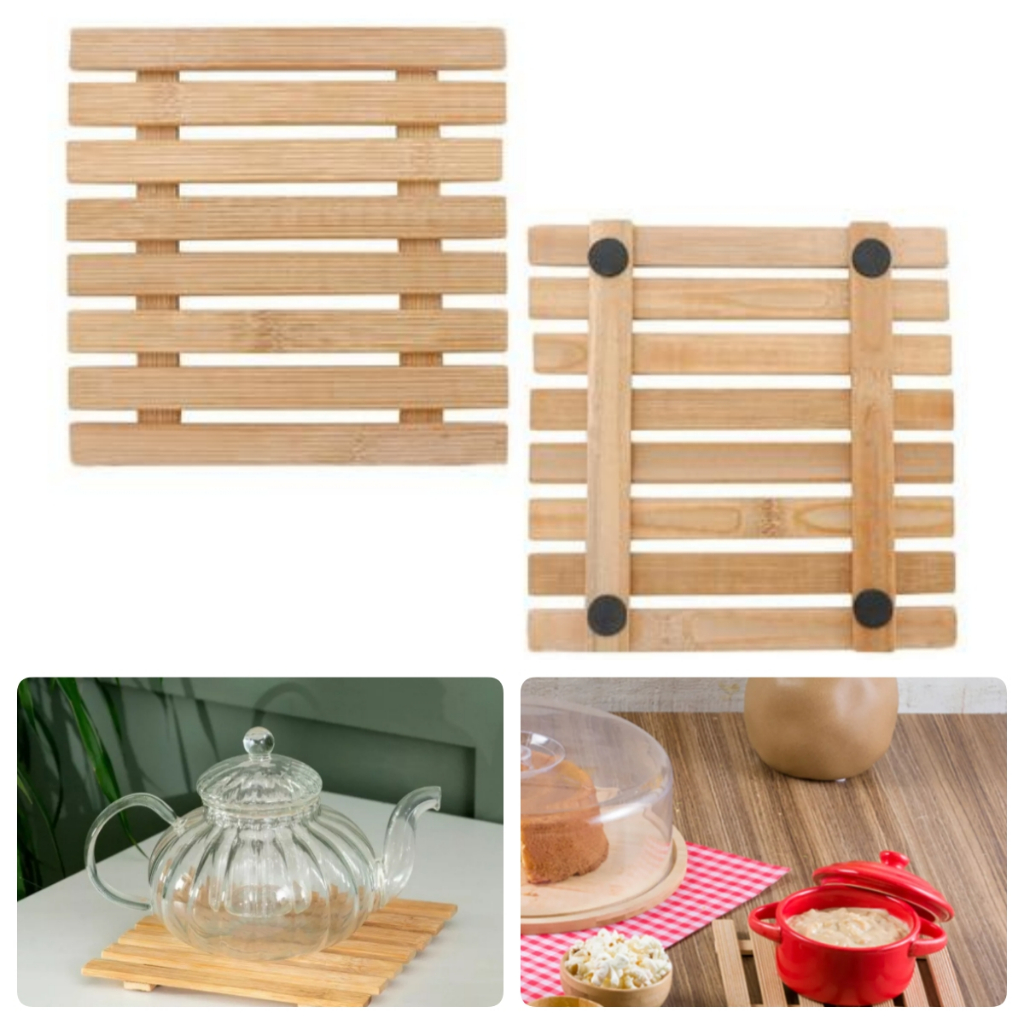 KIT COM 2 unidades ou 1 unidade descanso Aparador De Panela Apoio De Mesa Bancada Em Bambu 17cm x 17cm