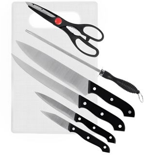 Kit Cozinha Churrasco 7 Utensilios 4 Facas Inox 1 Tesoura 1 Chaira 1 Tábua