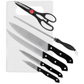 Kit Cozinha Churrasco 7 Utensilios 4 Facas Inox 1 Tesoura 1 Chaira 1 Tábua