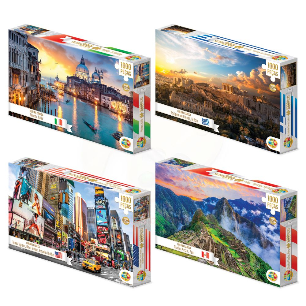 Quebra Cabeça Puzzle 1000 Peças Veneza Itália, Grécia , Rio de Janeiro, Time Square EUA, Burj Khalifa e Peru
