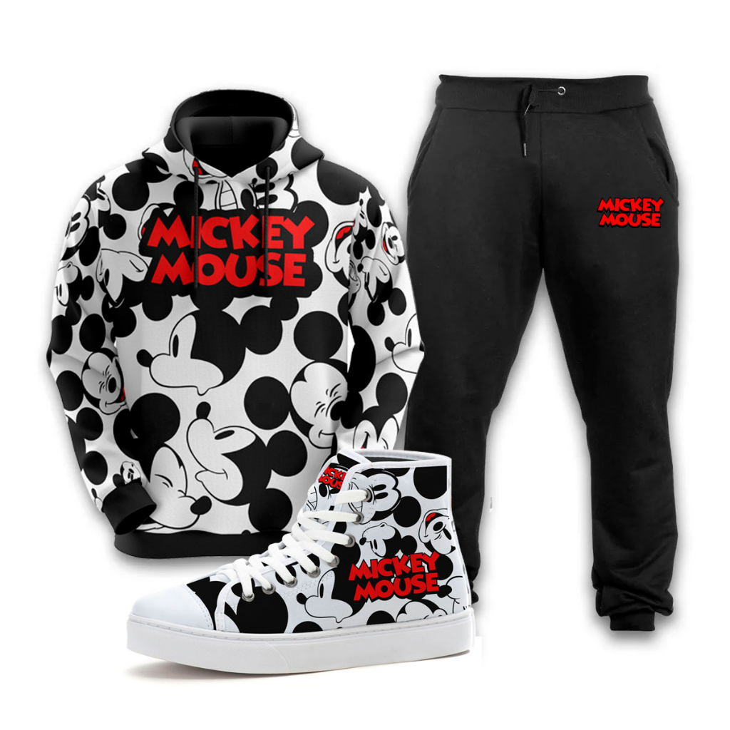 Kit Conjunto Blusa de Moletom Calça E Tênis Mickey Mouse Desenho Adulto E  Infantil Unissex