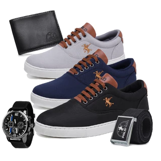 Kit 3 Tênis Polo Fran Sapatenis Masculino Casual + Relógio Carteira Cinto Miami