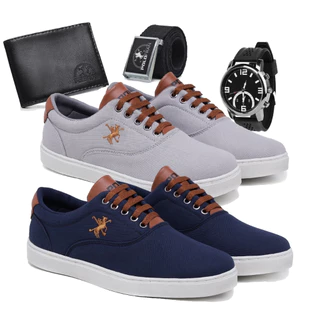 Kit 2 Tênis Masculino Polo Fran Sapatênis Básico Casual Com Carteira Cinto e Relógio Miami