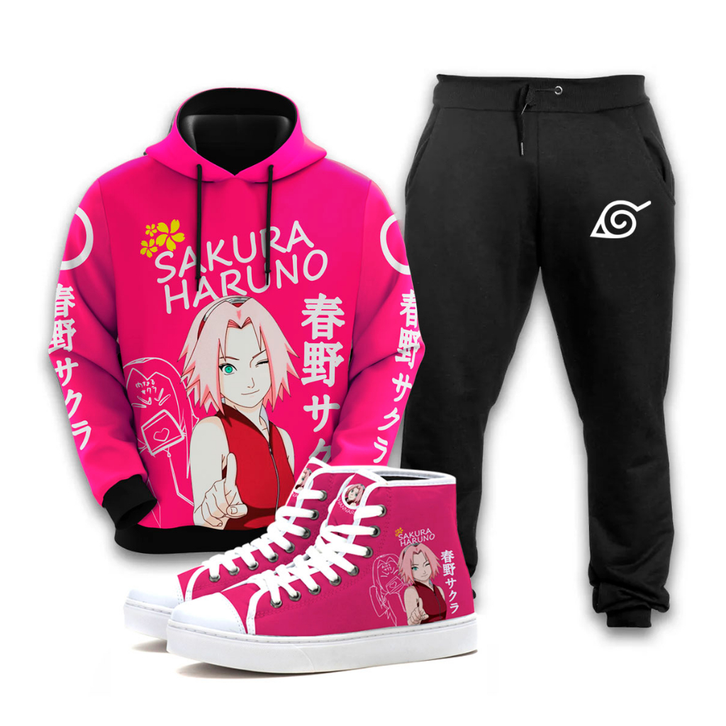 Kit Conjunto Blusa de Moletom Calça E Tênis Sakura Haruno Naruto Anime  Mangá Desenho Adulto E Infantil Feminino | Shopee Brasil