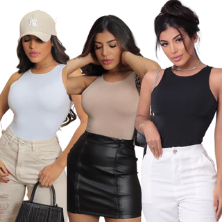 KIT 3 Body Suplex Regata Básico Feminino Moda Gringa Casual Noite Paty Colado