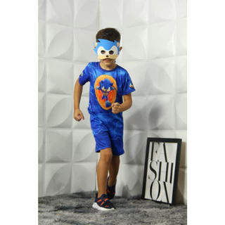 Fantasia Infantil Masculina - Sonic com máscara - Festas - Aniversário - Veste de 2 a 8 anos