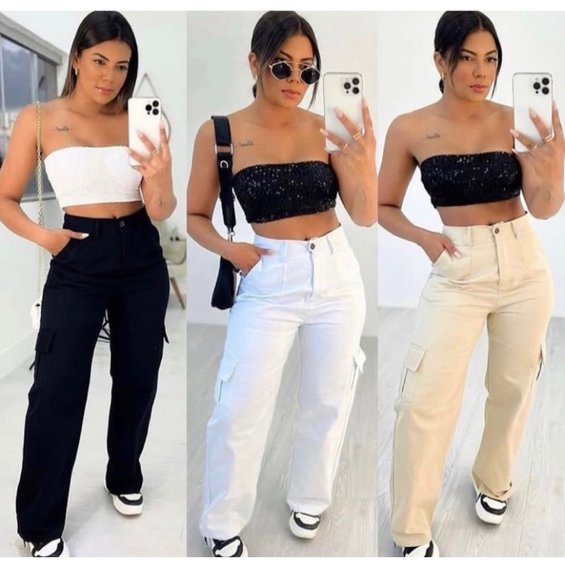 Calça Cargo Wide leg Feminina Sarja Bolso Lateral Moda 2023 2024 Primavera verao tendencia