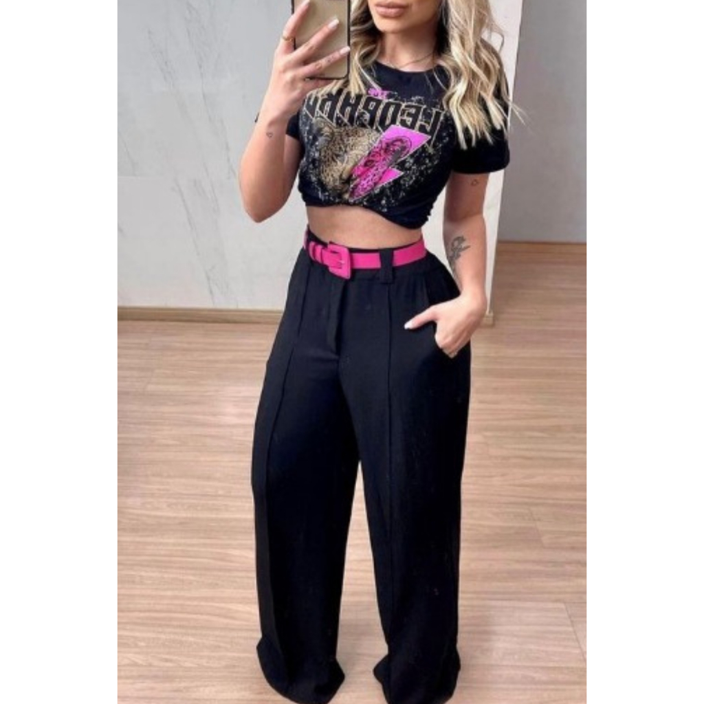 CONJUNTO JEANS FEMININO CROPERD E CALÇA