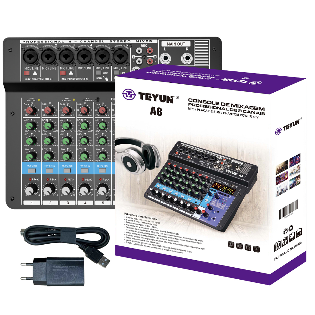 Professional Audio Sound Mixing Console, 8 Channel Mixer, Interface USB, Entrada de Computador, 48V Phantom Stage, Equipamento de Gravação