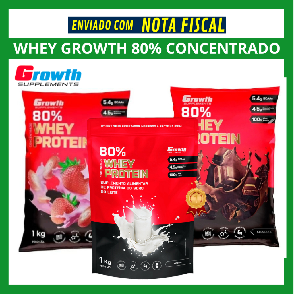 Whey Protein Growth 1kg 80% Concetrado – Original Vários Sabores