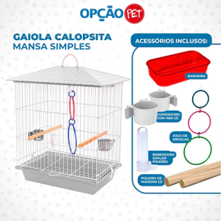 Gaiola de luxo para calopsita, agapornis, ring neck dentre outras MAIS ACESSORIO UM JOGO DE ARGOLA COLORIDA, BANHEIRA, BEBEDOURO, COMEDOUROS E POLEIROS DE MADEIRA mansa teto plástico na cor branca OpçãoPet