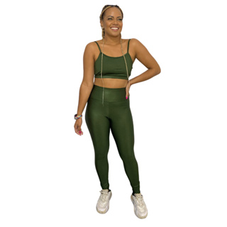 Conjunto de Academia Poliamida Legging Empina Bumbum Brilho e Top Bojo Removível