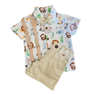 Conjunto Temático SAFARI BABY Roupa Social Infantil Menino Camisa Gravata Bermuda Suspensórios