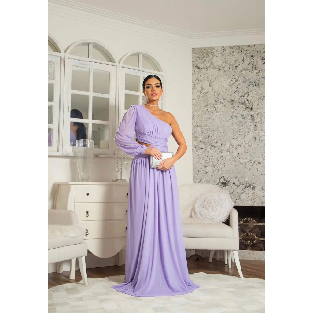 Vestido Longo de Festa Premium Micro Tule Uma manga Monyse Lilas