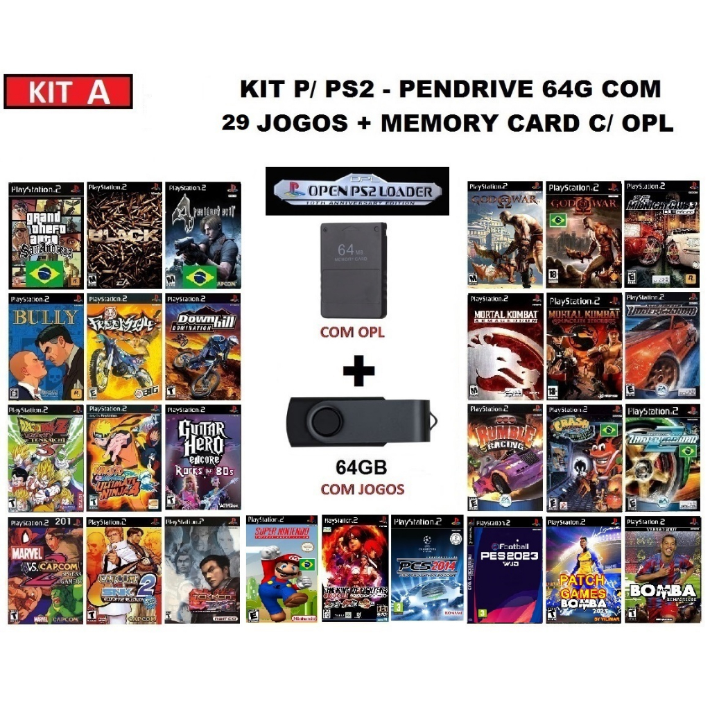 Kit Opl para seu Ps2 - Pen Drive 64G com jogos + Memóry Card 64M com Opl