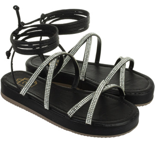 Sandália Feminina Papete Flatform Tiras De Amarrar Com Brilho