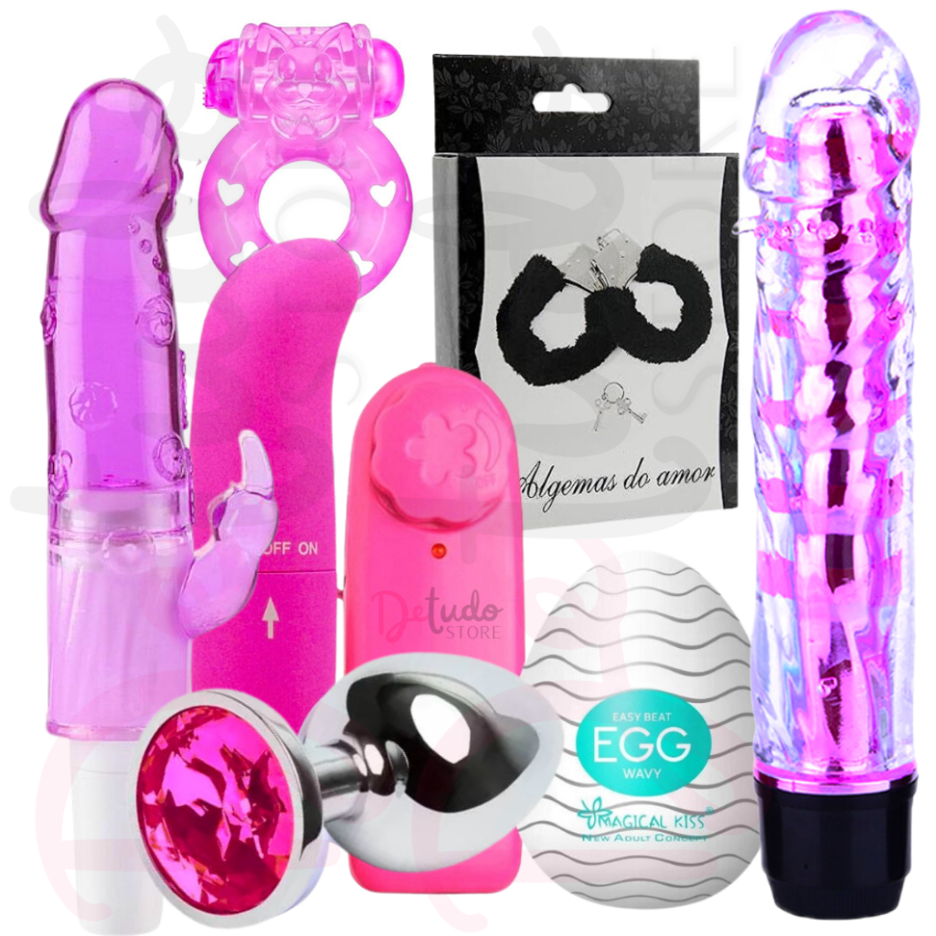 Kit Sex Shop 8 Itens Com Vibrador Feminino, Plug Anal, Masturbador Masculino, Anel Peniano, Algema Mais Vendidos Revenda