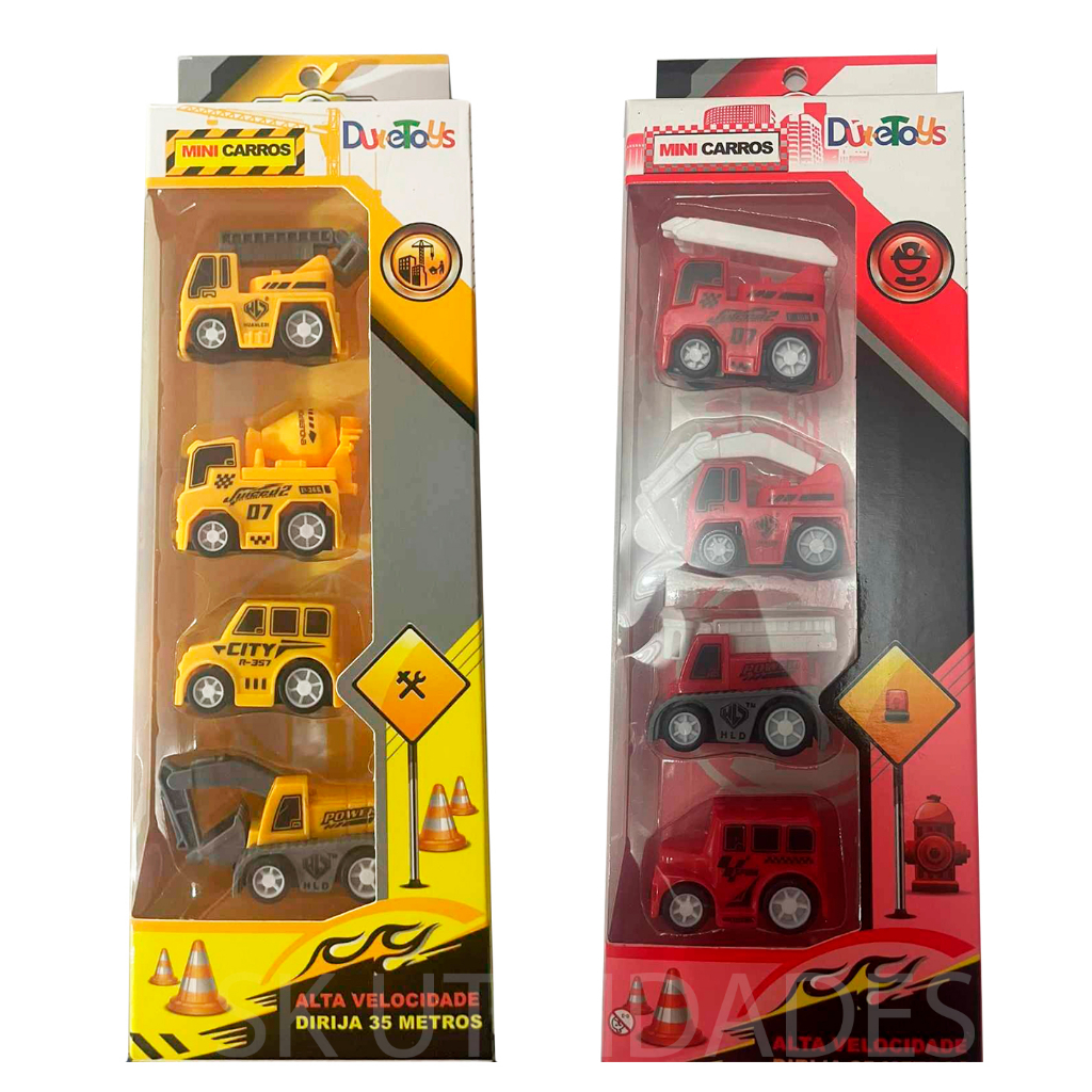 Conjunto Carrinho de Brinquedo Fricção Bombeiro Obra Militar 4 Peças