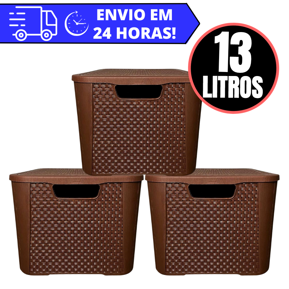 Kit 3 Caixas Organizadora Rattan REFORÇADA 13 LITROS - MARROM