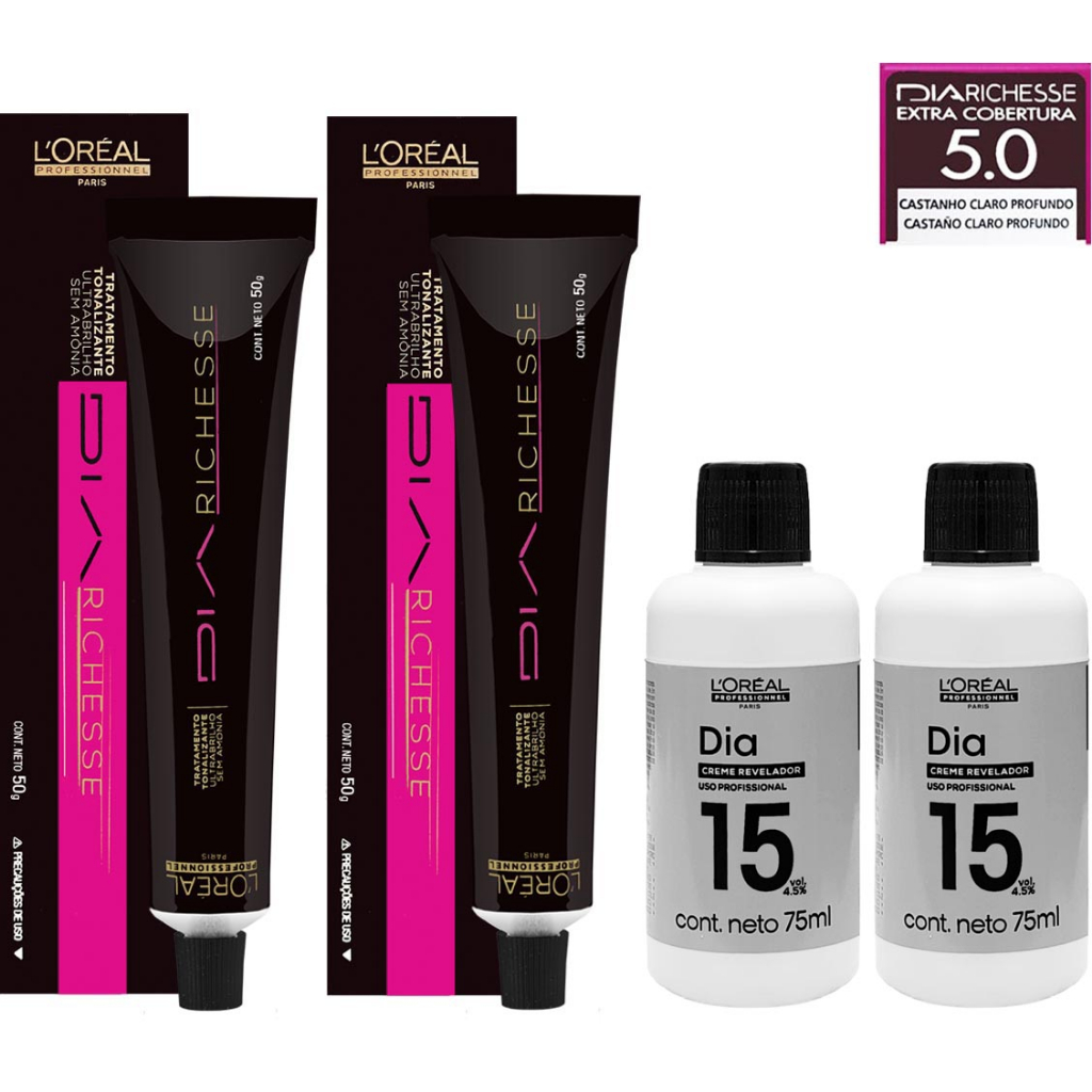 Loreal Kit Dia Richesse c/2 Tonalizantes 5.0 Castanho Claro Profundo 50g +  2 Rev. 15v