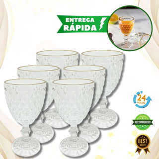 Kit 6 Taças de Vidro Transparente com Pontas Douradas Detalhes de Abacaxi - copo 300ml