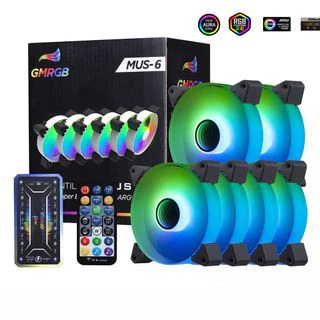 GMRGB Kit 6 Ventoinha De 120 Mm Para Caixa De Computador RGB 6PIN Lâmpada Colorida Resfriador Do Radiador Silenciar PC 5V DC ARGB Ventiladores Ajustar Velocidade Ventiladores Do Chassi Ventiladores Aura Sync 38CFM MUS-6(Controladora + 6 Fans)