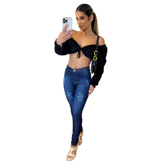 Calça Skinny Feminina Lisa Confort Com Detalhes Em Pistolado e Puídos Versátil