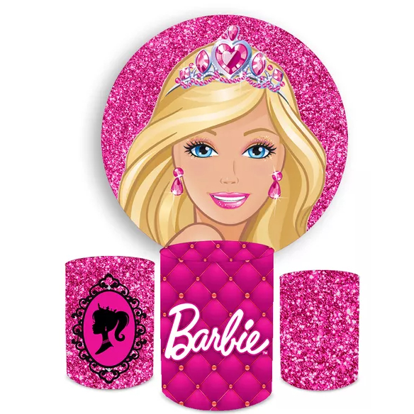 Kit Decorativo Painel Redondo C/ Elástico + Trio Capa Cilindro Veste Fácil Boneca Glitter Rosa