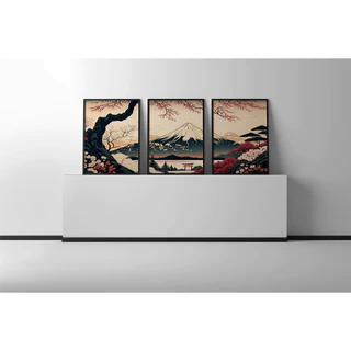 kit Quadros Decorativos Mosaico 3 Peças Trio Paisagem Arte Oriental Japonesa Minimalista Delicada Montanha Árvore Vida Modular Vintage Luxo