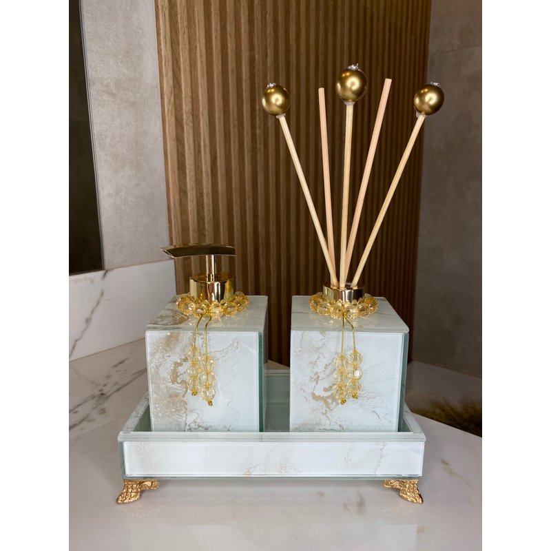 Imagem do produto KIT COMPLETO PARA LAVABO/BANHEIRO EFEITO MÁRMORE - VÁRIAS CORES Branco com Dourado