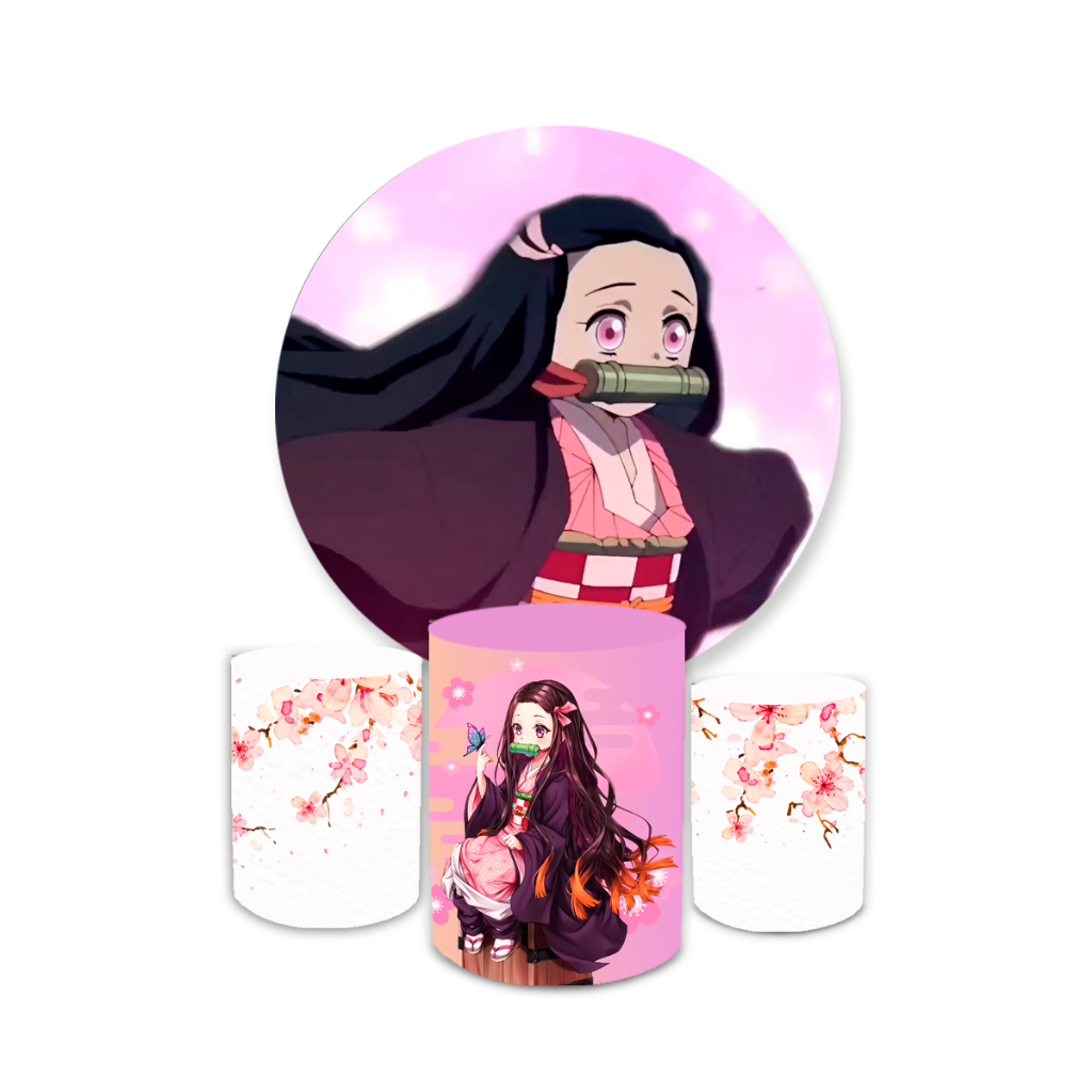 Kit Decorativo Painel Redondo C/ Elástico + Trio Capa Cilindro Veste Fácil Nezuko Animado