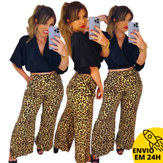 Calça Pantalona Onça Feminina Com Bolso Forrada Fendas Laterais Soltinha Levinha Cintura Alta Elastico Forro Farm Moda Adulto Mulher Roupa Santorini Super Envio - ONCINHA