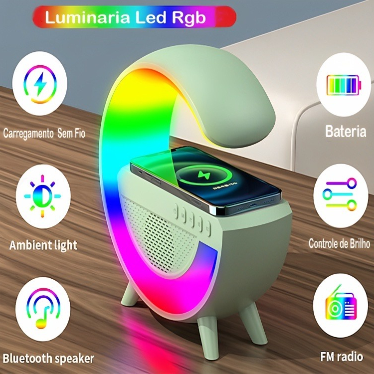 Abajur Luminária Multifuncional com Carregador Sem Fio, Relógio despertador  e Bluetooh com alto-falantes