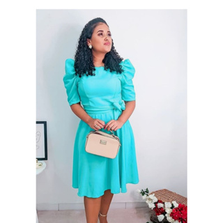 Vestido Moda Evangélica Gospel Cristã Jovem Rodado Azul Plus Size Festas Com Bolsos