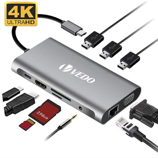 10 em 1 USB C HUB Tipo C Adaptador para HDMI compatível Cartão 4K VGA RJ45 SD/TF 3,5MM AUX 10 Port Docking Station Divisor de PC Portátil