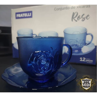 Conjunto De 6 Xícaras De Café Chá Com Pires 260ML Modelo Rosas Azul - Jogo Xicara De Cha Canecas De Vidro Utensílios De Cozinha Fratelli