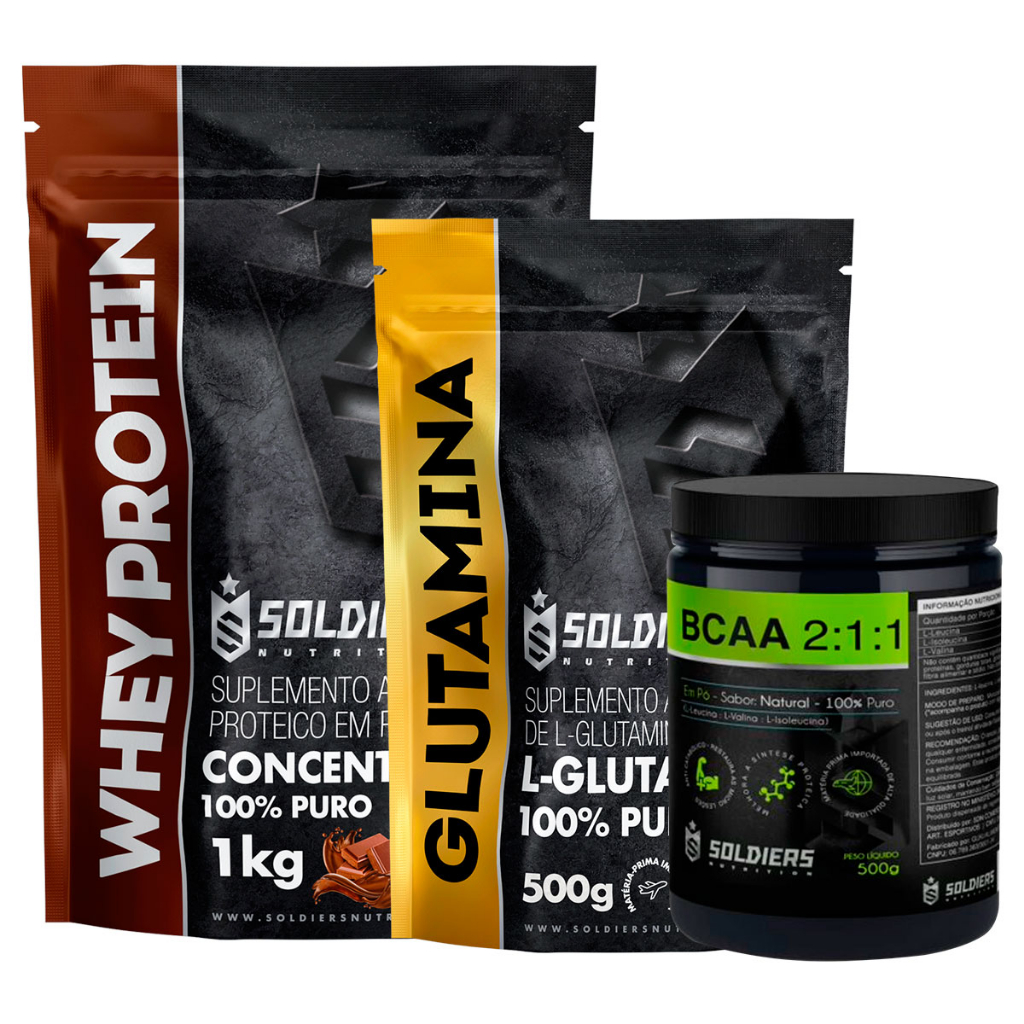 Kit: Whey Protein Concentrado 1Kg + BCAA Em Pó 500g + Glutamina 500g – 100% Importado – Soldiers Nutrition