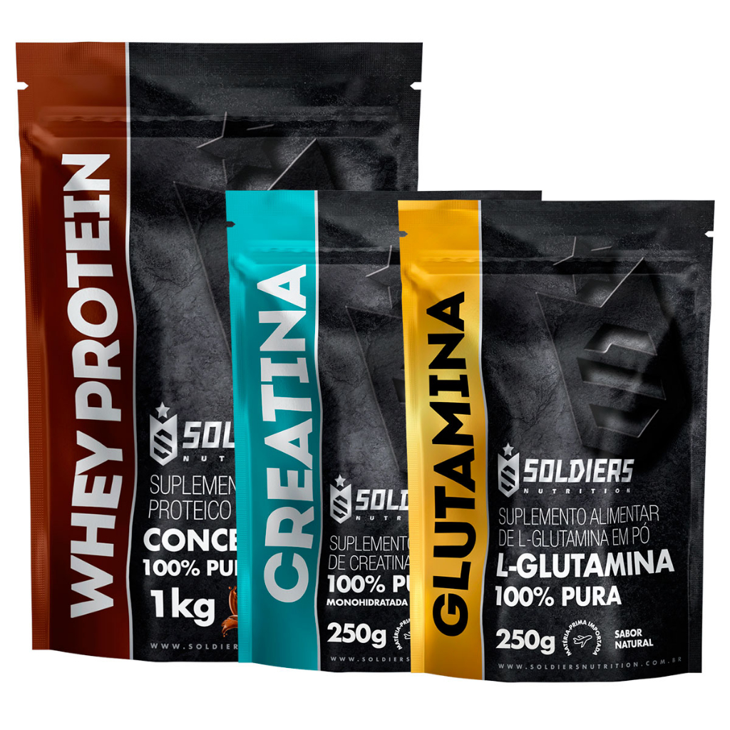 Kit: Whey Protein Concentrado 2Kg + Creatina Monohidratada 250g + Glutamina 250g – 100% Importado – Soldiers Nutrition