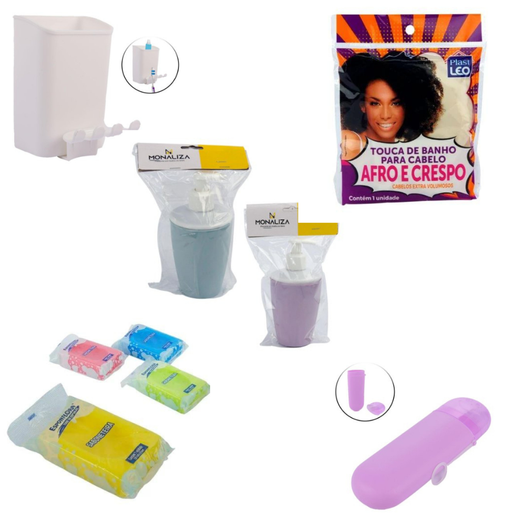 Kit para banheiro porta objetos, escova, sabonete, esponja, touca