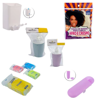Kit para banheiro porta objetos, escova, sabonete, esponja, touca