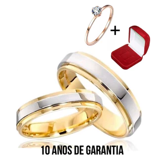 Lindo Par De Alianças 6mm c/ 10 Banhos a Ouro 18k Partes Pratas + Anel Solitário + Caixinha