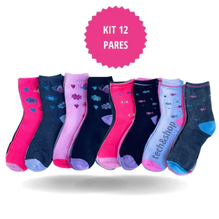 Kit 12 Pares Meia Cano Alto Feminino Estampado Adulto 34-40