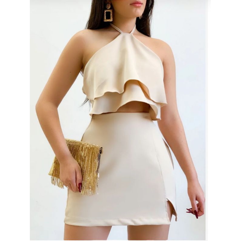 conjunto feminino com babado e short saia/ moda blogueira 2025