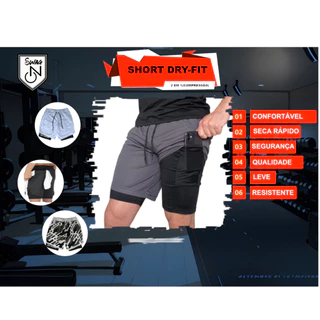 Bermuda Dry Fit Compressão Academia 2 em 1 Treino Preto Short Masculino