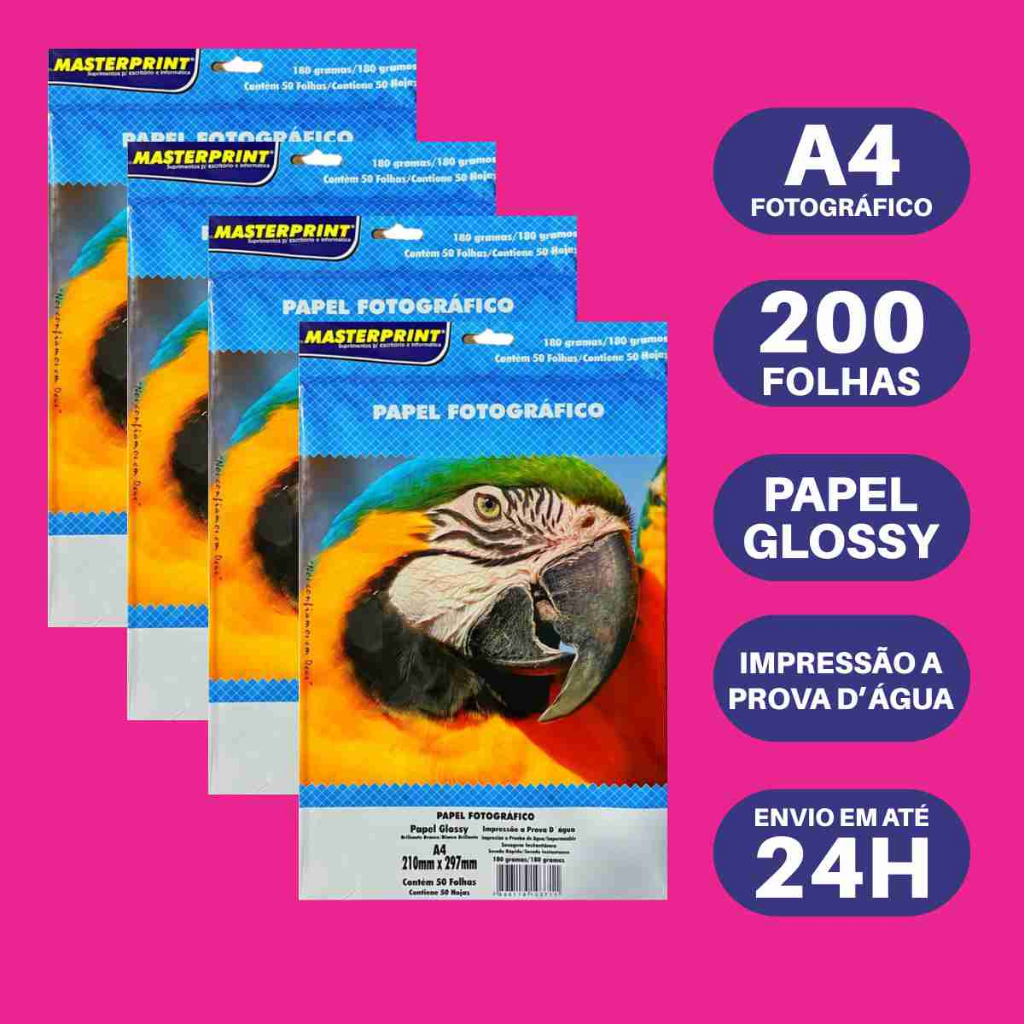 Papel Fotográfico 180g A4 Kit 200 folhas Glossy Resistente a Água - Masterprint