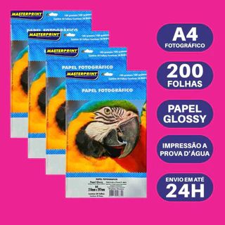 Papel Fotográfico Glossy 180g A4 Kit 200 folhas Brilho À Prova D