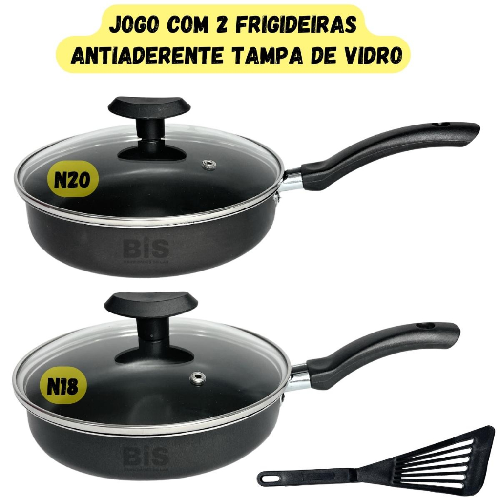 Jogo Frigideira Antiaderente Tampa de Vidro Conjunto Kit Com 2 Peças Teflon N18 e 20cm Preta + Espatula